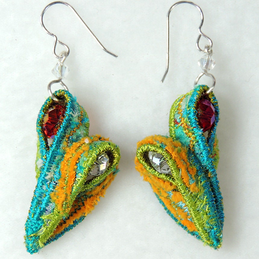 Textile earrings in turquoise, green and orange
