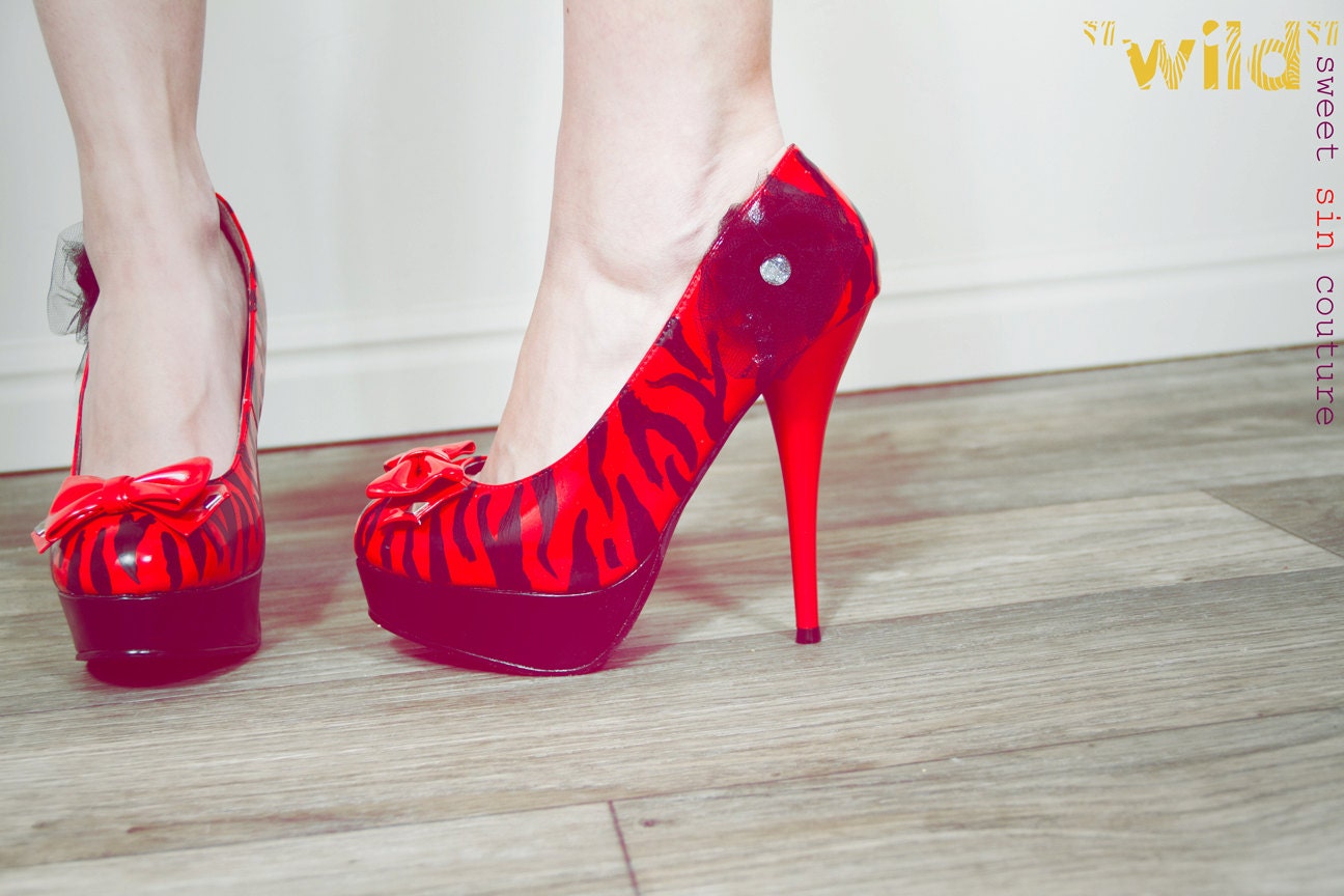 Wild Hand Painted Red Zebra High Heel