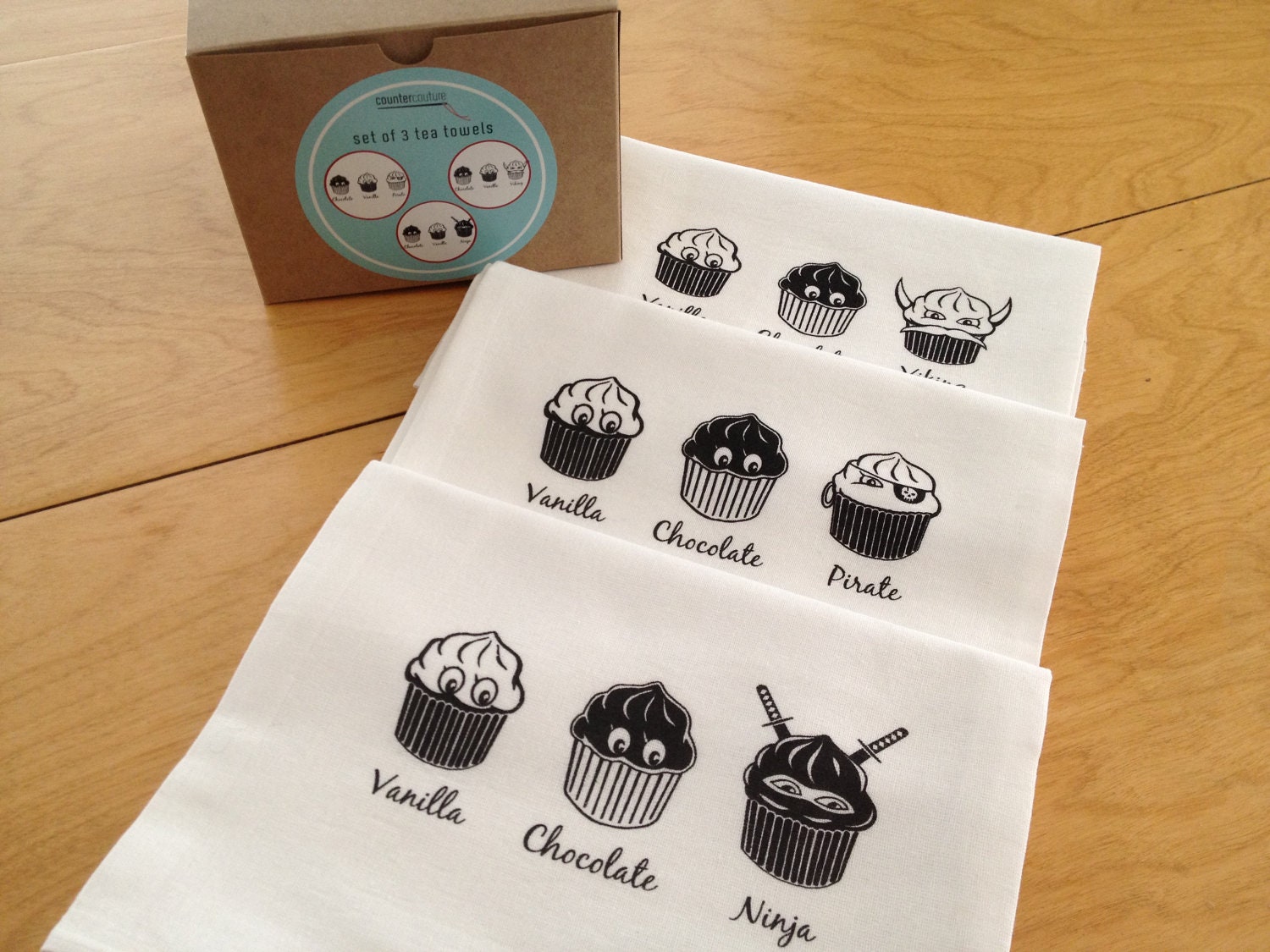 Screen Printed Ninja Cupcake Kitchen Towel - Flour Sack Tea Towel- Ninja, Viking, Pirate