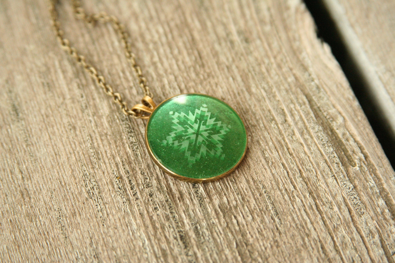 Green Snowflake Necklace - made with a vintage button