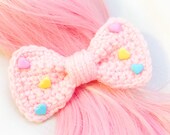 Pastel Pink with Candy Hearts Crochet Bow Clip