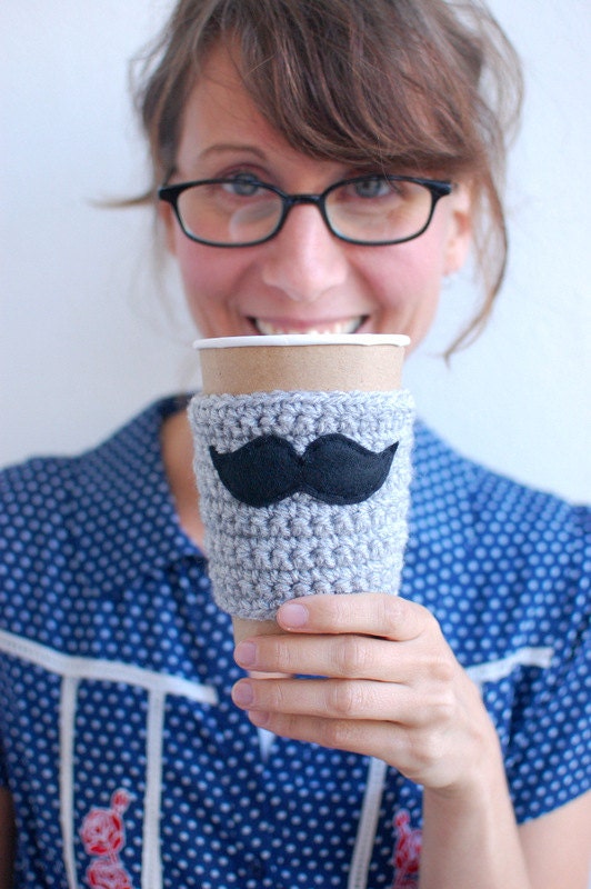 Mustache coffee cup cozy Gray made by The Cozy Project