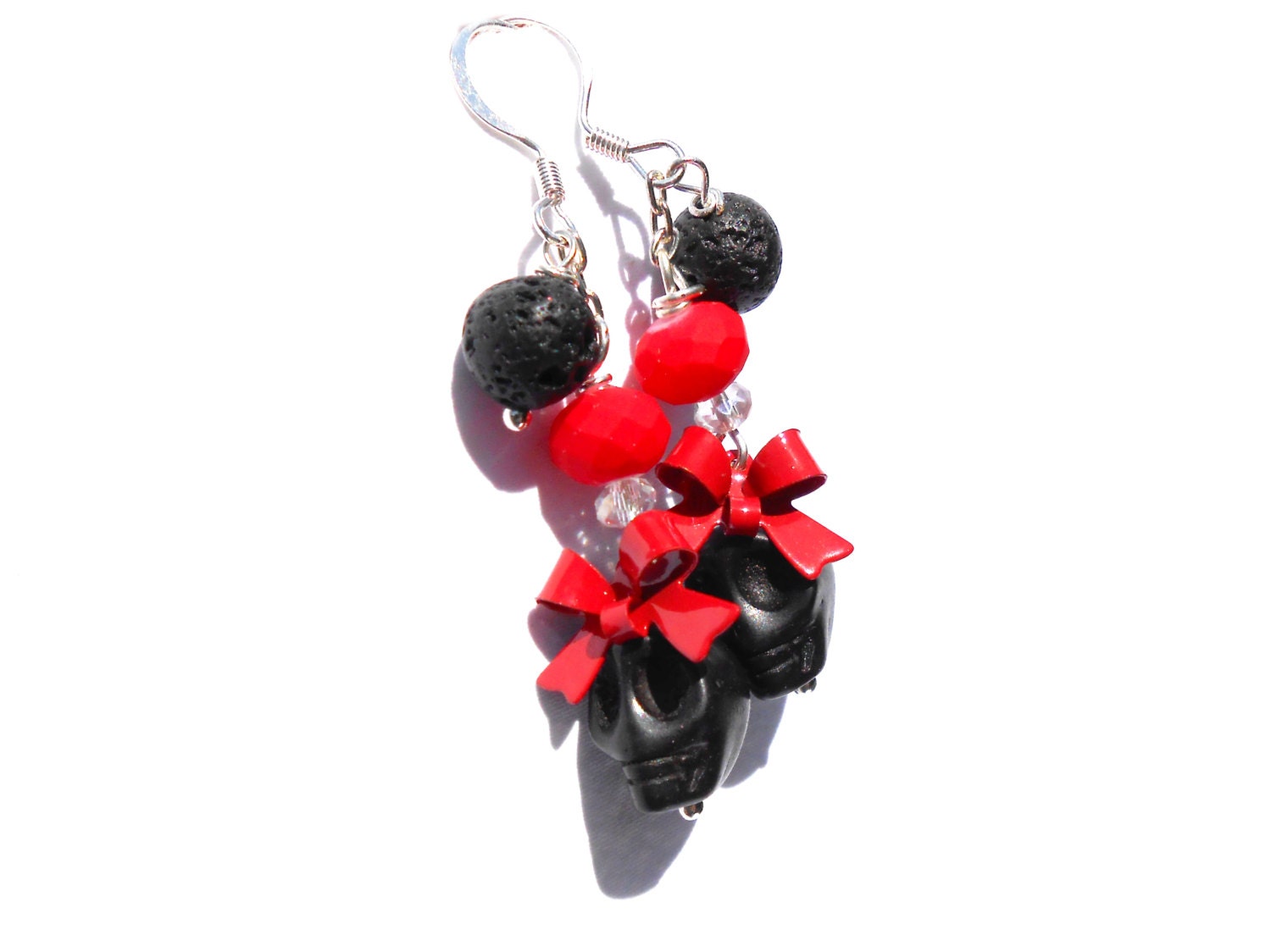 Skull Earrings - Halloween Earrings - Red Bows, Day of the Dead - Skulls, Chain Dangle Earrings