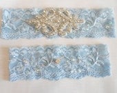 Wedding Garter Set Hand Beaded Light Blue Wedding Garter Stretch Lace Rhinestone Diamond Wedding Bridal Garter Set Something Blue