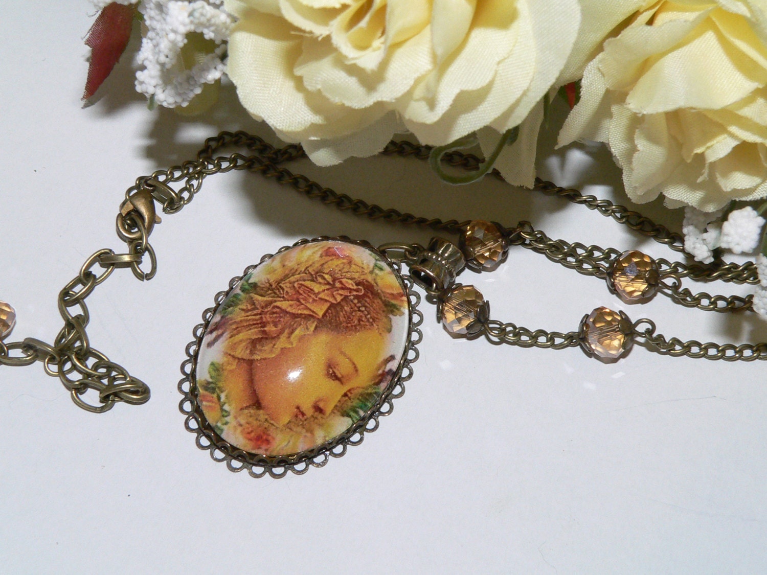 Victorian Woman Cameo Necklace Glass Cabochon Cameo with Antique Brass
