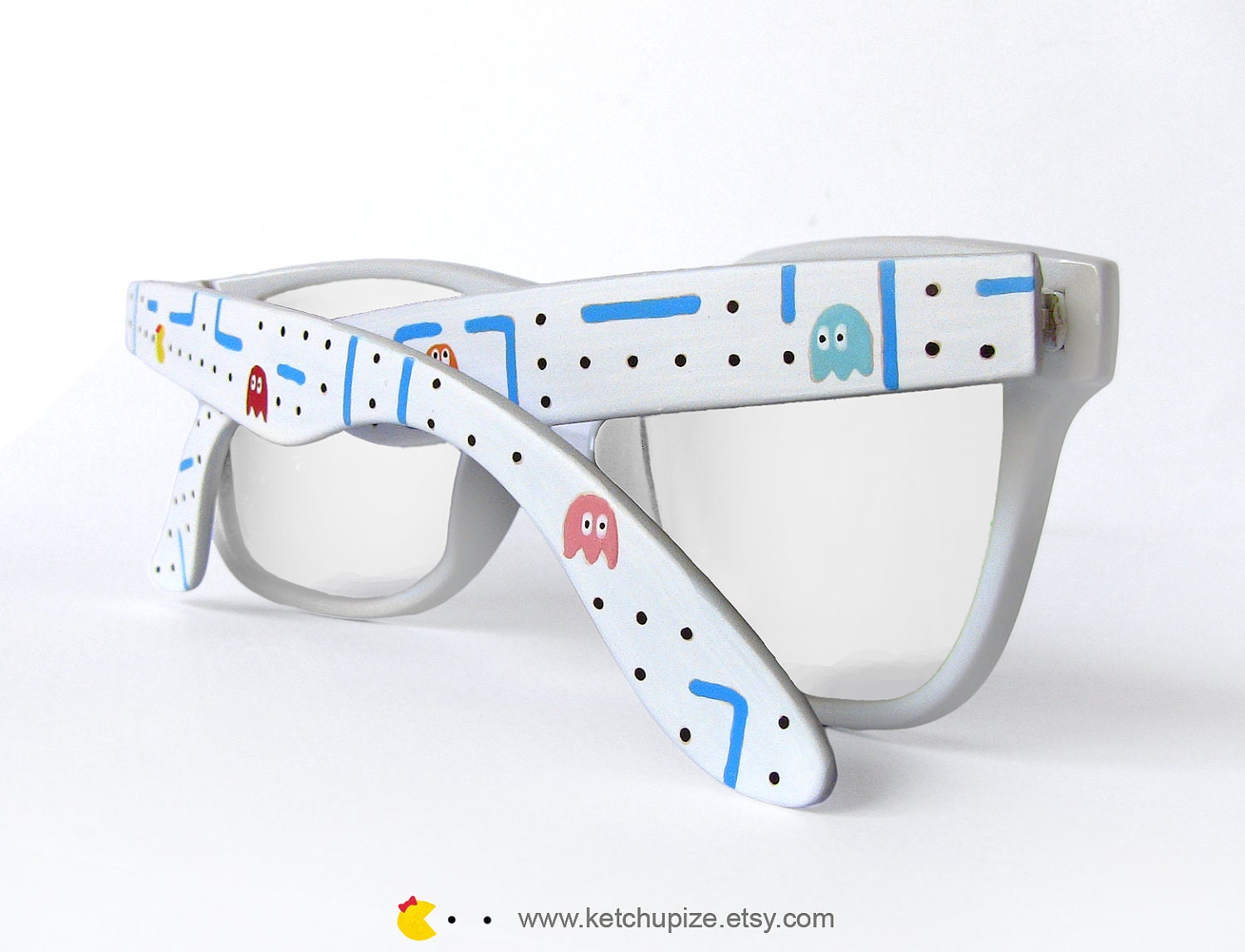 Glasses - Custom Wayfarer style clear lens glasses sunglasses Pacman unique hand painted Ms. Pac-Man