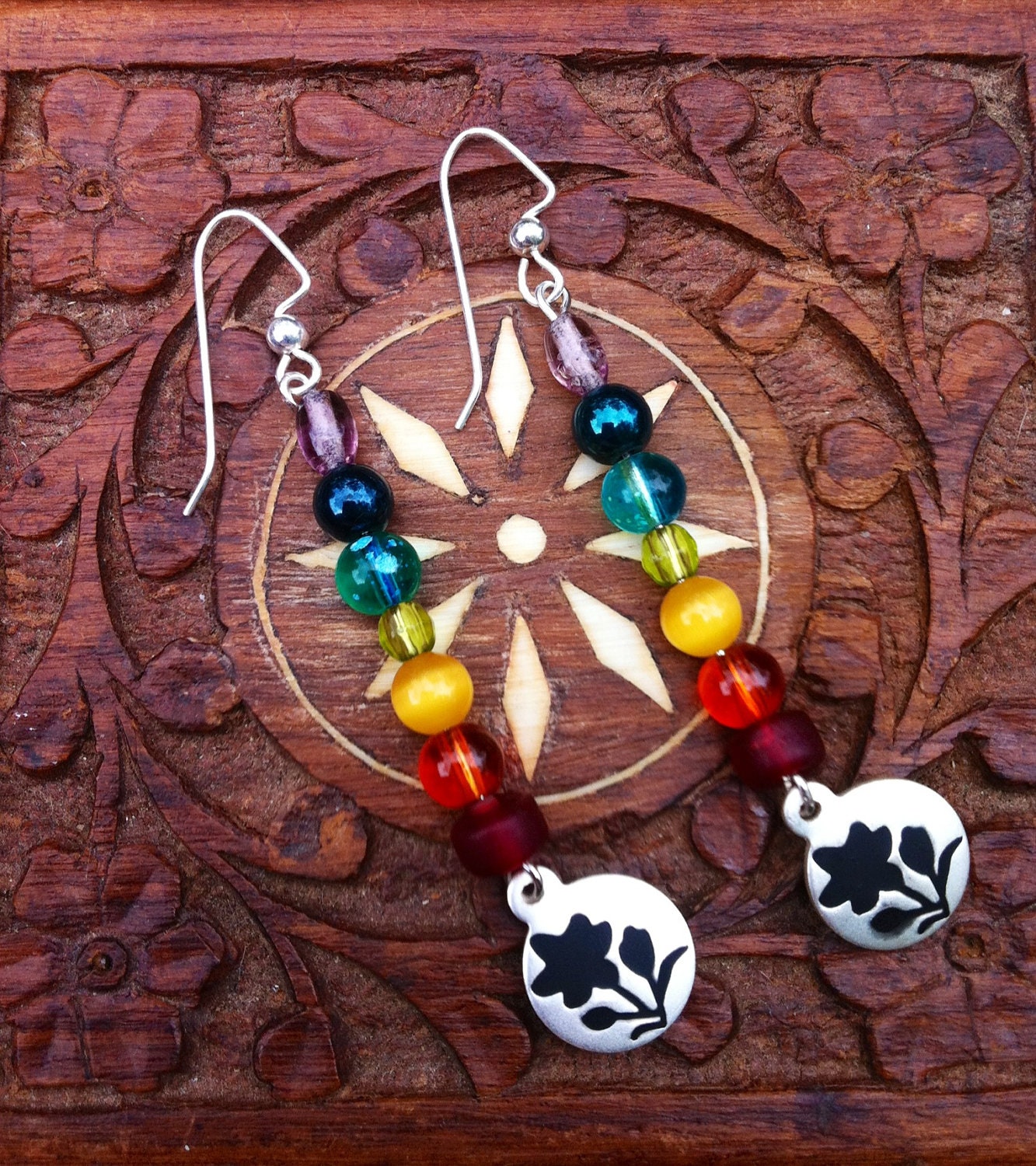 Chakra Earrings with Flower Charm, Rainbow Earrings, Chakra Jewelry
