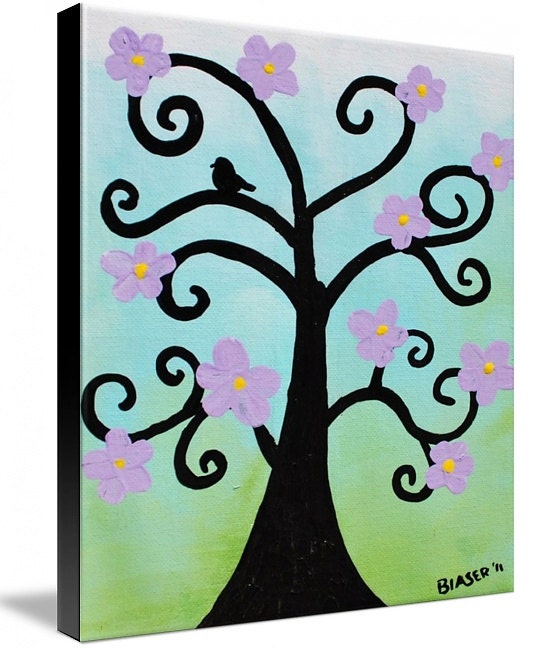 Abstract Giclee art Print on Stretched 8x10  Canvas Seasons Spring Tree bird green leaves flowers blue purple