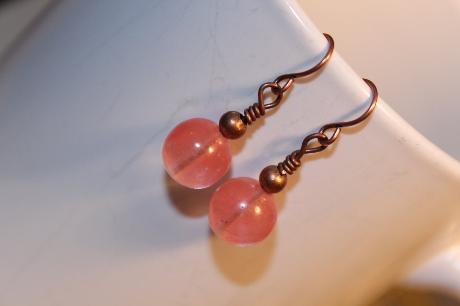 Little simple modern Cherry Quartz Beads antique Copper dangle Earrings  - Ready To Ship