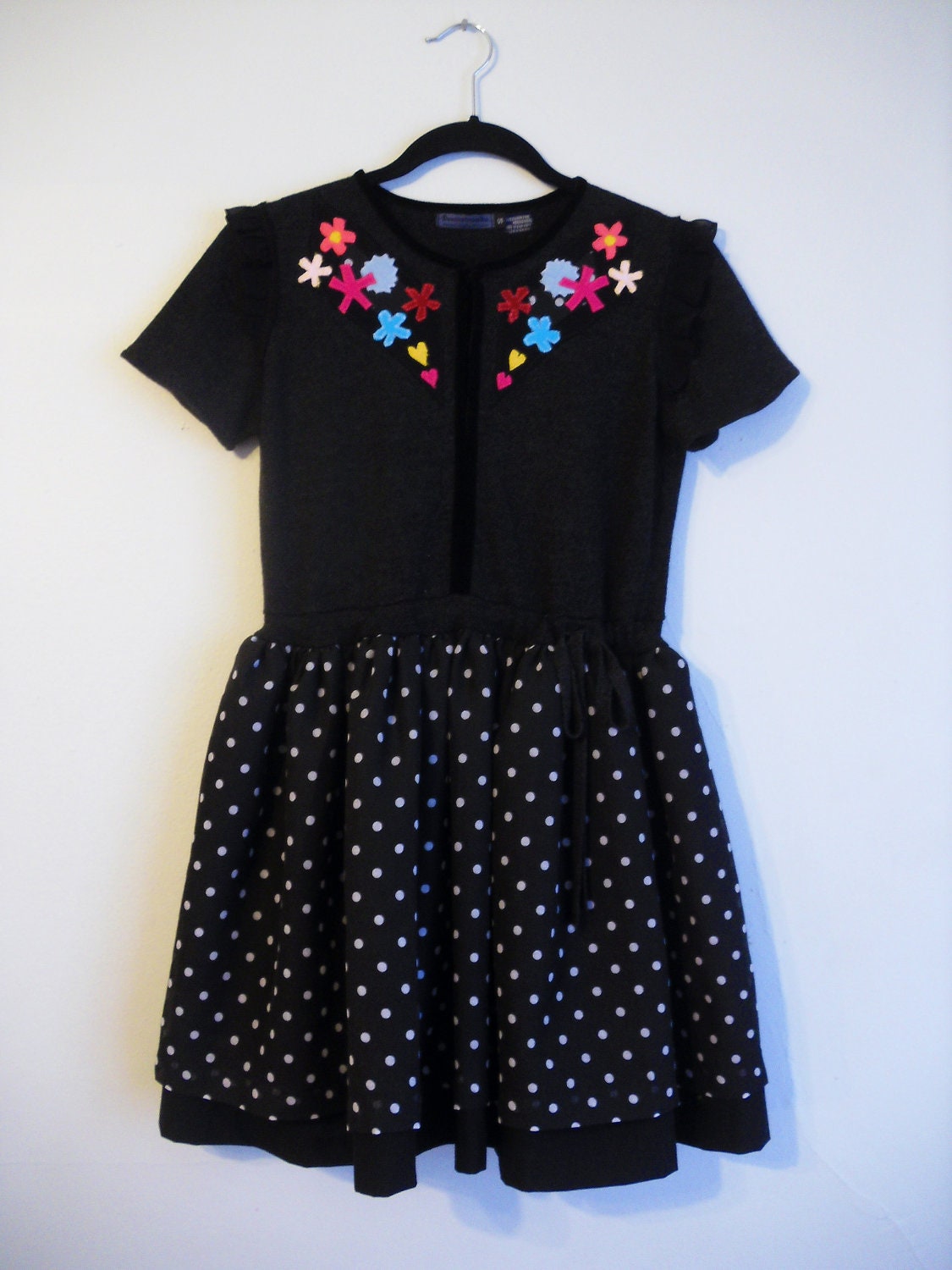 Retro Cowgirl Dress, black and gray with colorful flowers, polka dot skirt, Western style