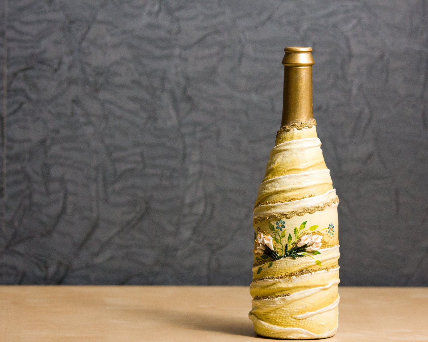 Wedding Vase, Upcycled Champagne Bottle, OOAK Decoupage Bottle White & Gold ROMANCE ohtteam