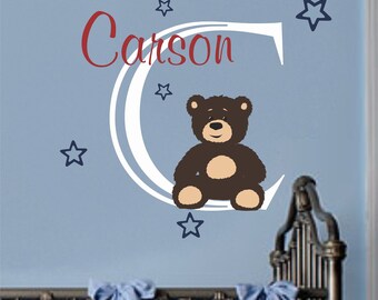 Baby Boy Name Wall Decal Teddy Bear Nursery Decor Vinyl
