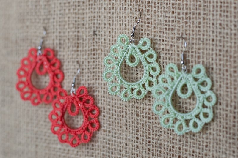 Kachin Earrings (Small Tatted Paisleys in Coral or Mint, by Huang)
