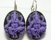 Ganesha Elephant Earrings Cameo Style in Purple on Black with Lever Back Hooks