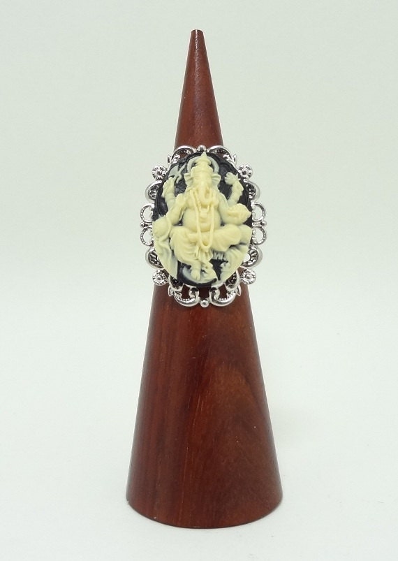 Ganesh Elephant Ring Cameo Style in Ivory on Black Set on an Silver Filigree Base With an Adjustable Band