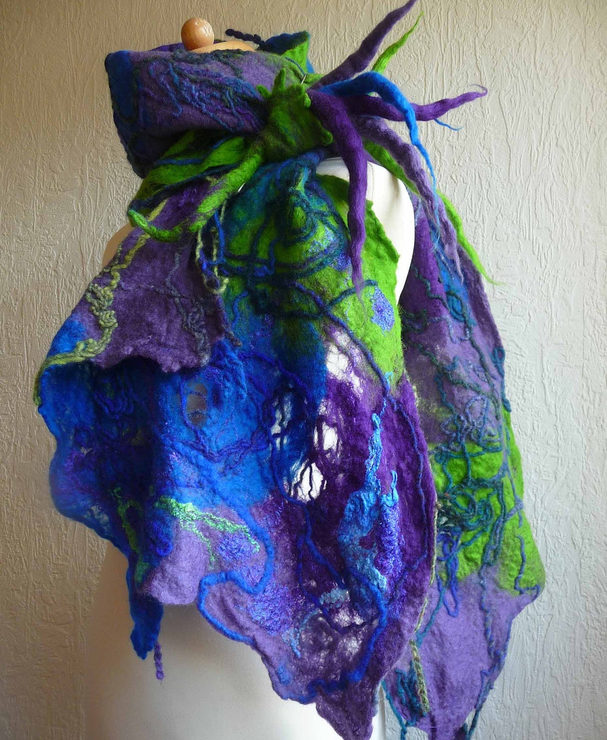 felted scarf , wrap, art to wear, handmade, silk, wool, felt, green, purple, blue MADE TO ORDER