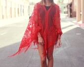 red floral sheer fringe poncho shawl
