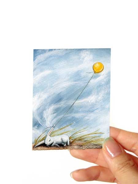 White Rabbit Print, ACEO Art Card, Yellow Balloon Artwork, Depressed Illustration, Mental Health, Pet Picture