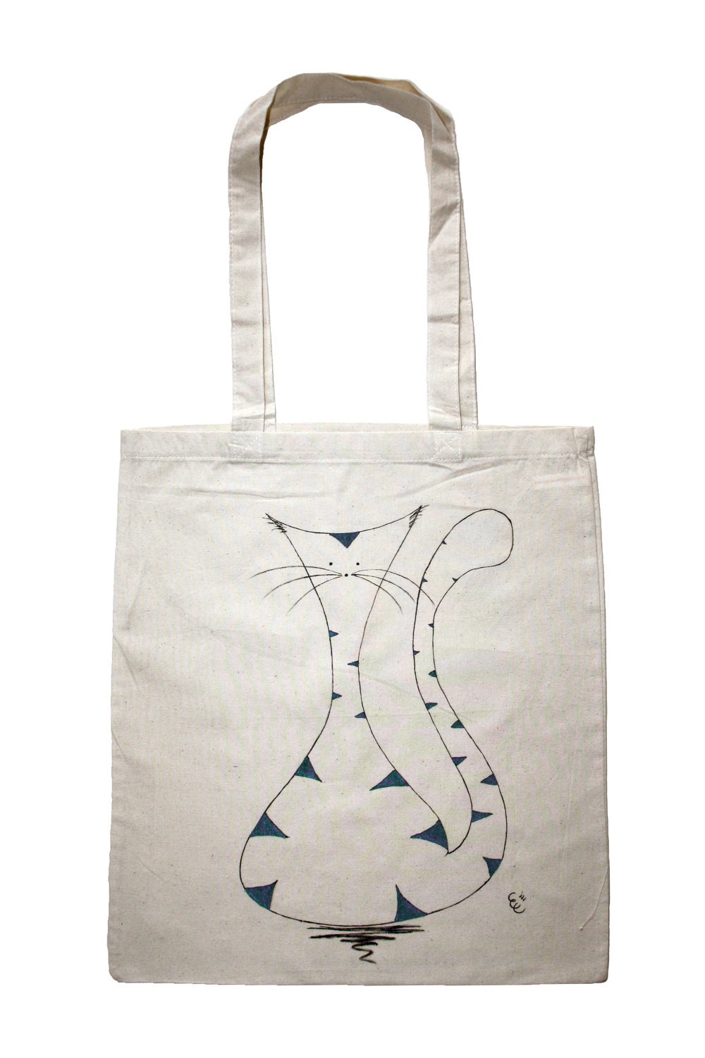 Hand Painted Shopping Bag, Tiger Cat Bag, Cotton Long Handle Bag, Reuseable Bag