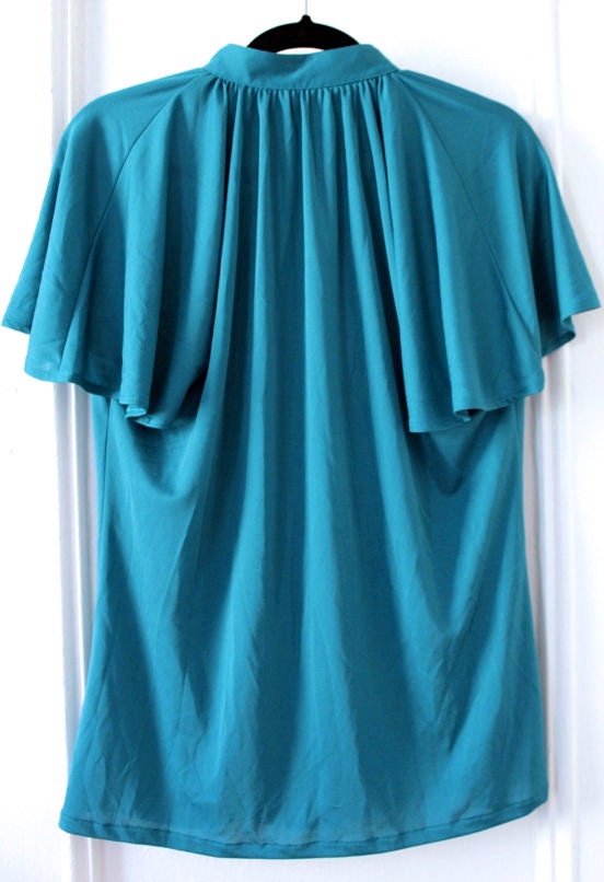 Teal Blouse with Butterfly Sleeves by Judy Bond, Size Medium or Large