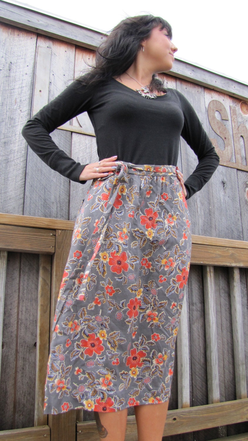 Vintage 70's Autumn Poppy Flower Wrap Skirt