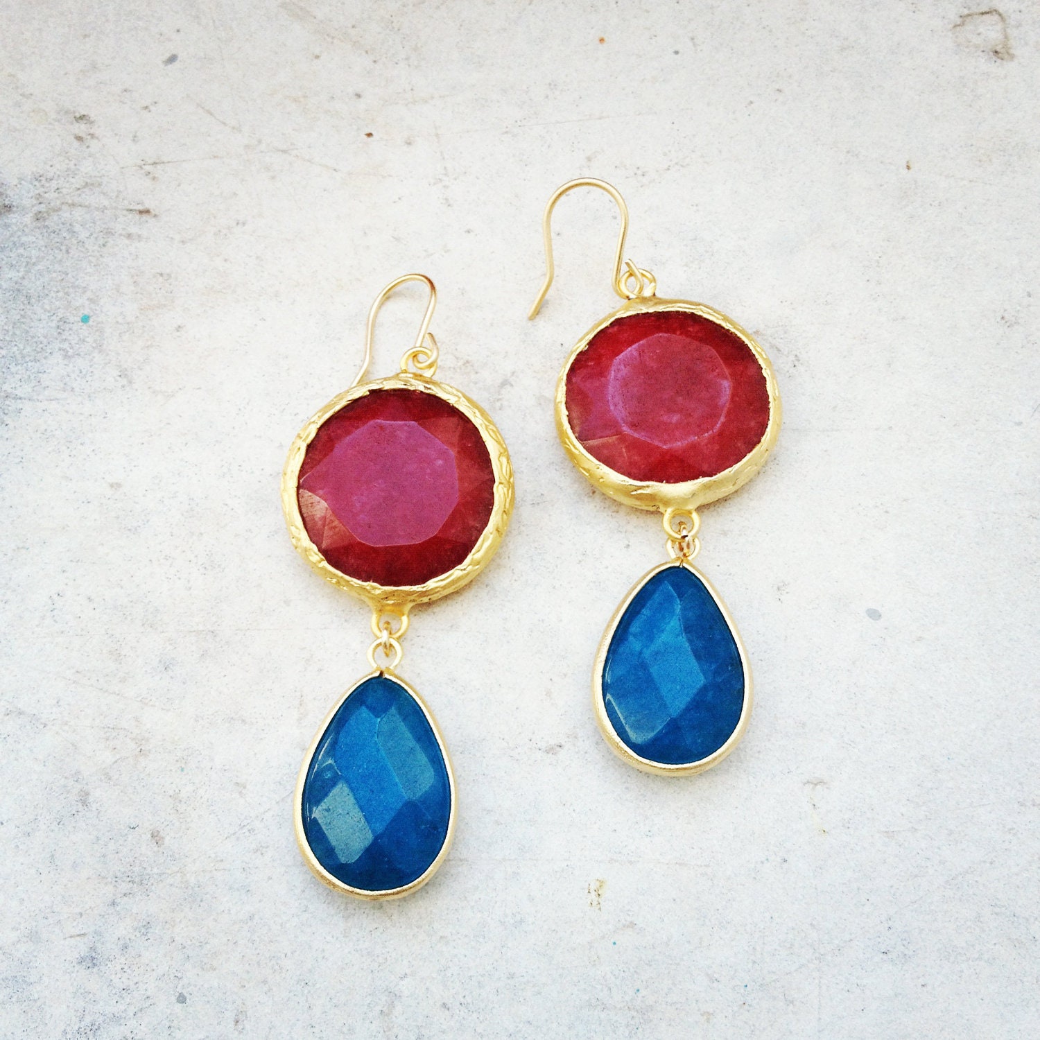 Dangle Earrings long DUAL large cherry wine red jade sea blue drop stones gemstone earrings gold Israel jewelry