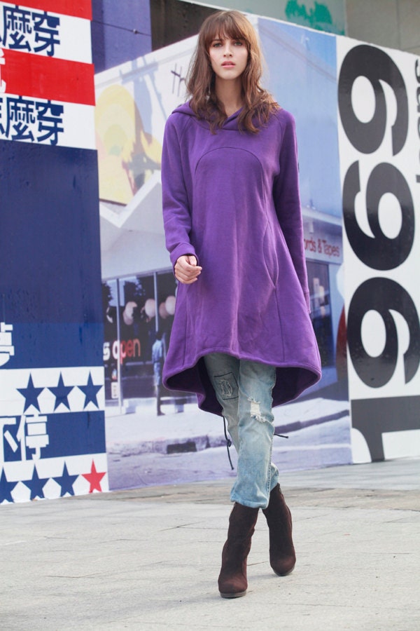 Purple Hoodie Sweatshirt Cotton Fleece Hoodie Top with Big Hood for Autumn and Spring - Custom made - NC444