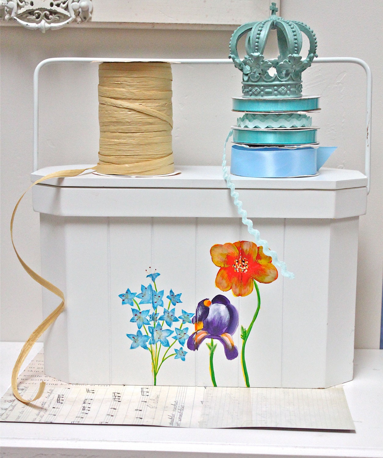 Handpainted Sewing Box - Craft Box - Storage Box with Handle