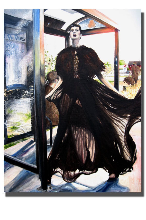 18x24 Original Oil Painting on Canvas - Signed, Dated, and Titled - Drama at the Bus Stop