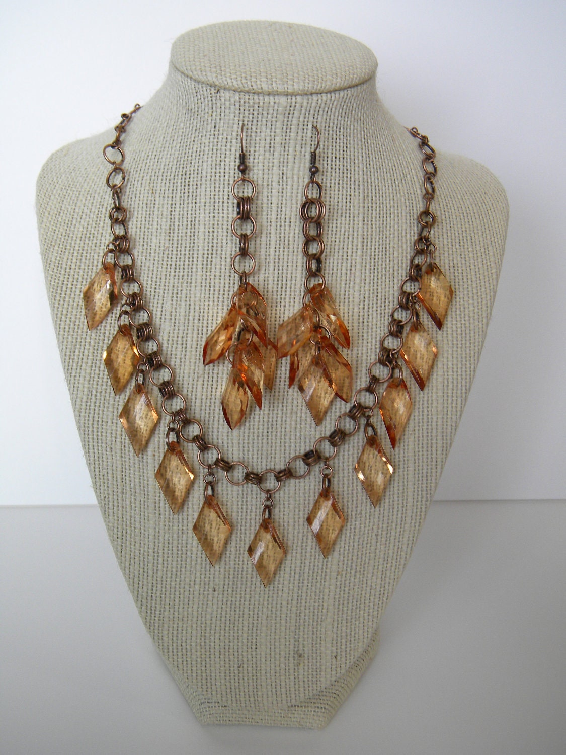 Amber Chainmaille Necklace and Earrings Set - Acrylic Amber Beads and Antiqued Copper - Butterscotch - Gorgeous and READY TO SHIP
