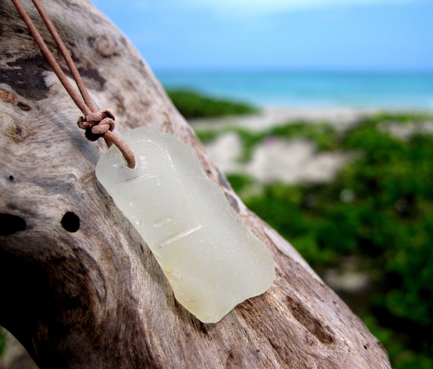 Hawaiian Unique Clear Beach Glass with Lettering on India Leather Necklace