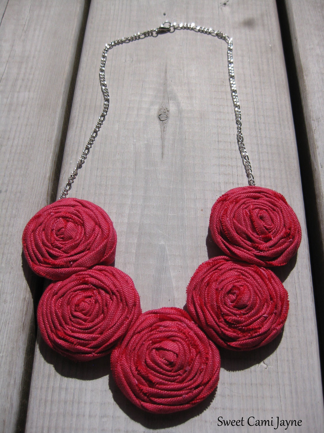 Dark Pink Rosette Necklace  Pink Fabric Necklace Bib Necklace Statement Necklace
