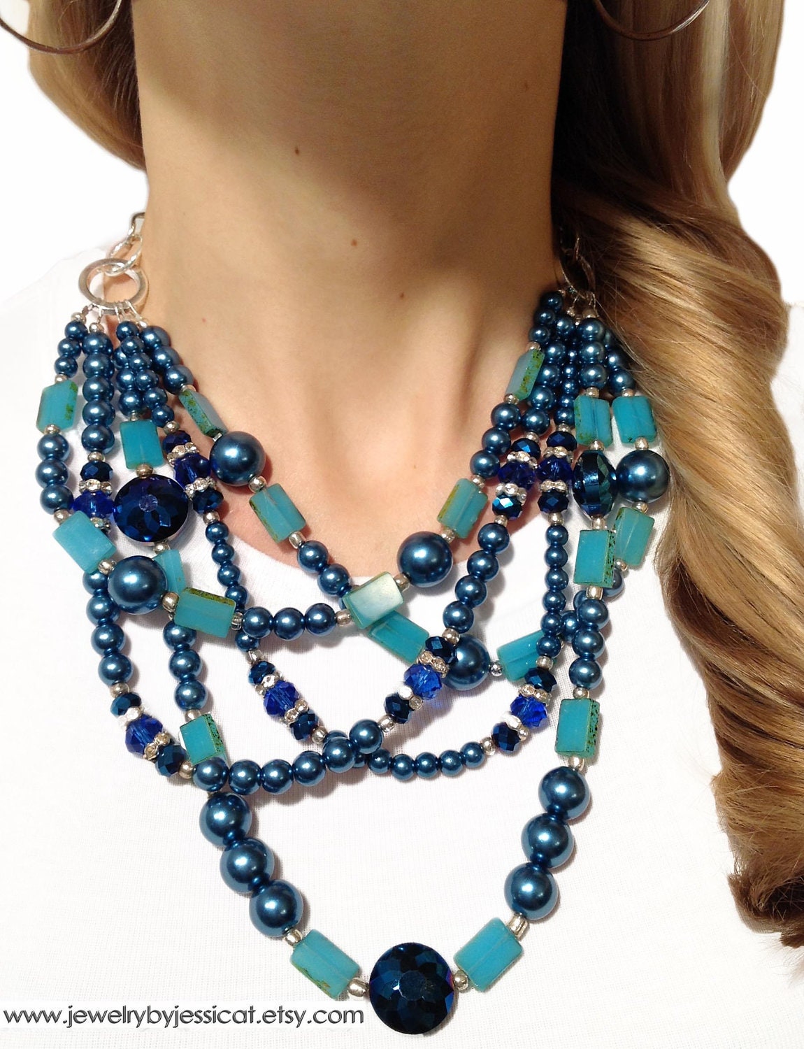 CLASSIC, Statement Necklace, Blue, Aqua, Turquoise, Teal, Navy, Sparkle, Bold, Chunky, Pearls, Crystals, Jewelry by Jessica Theresa