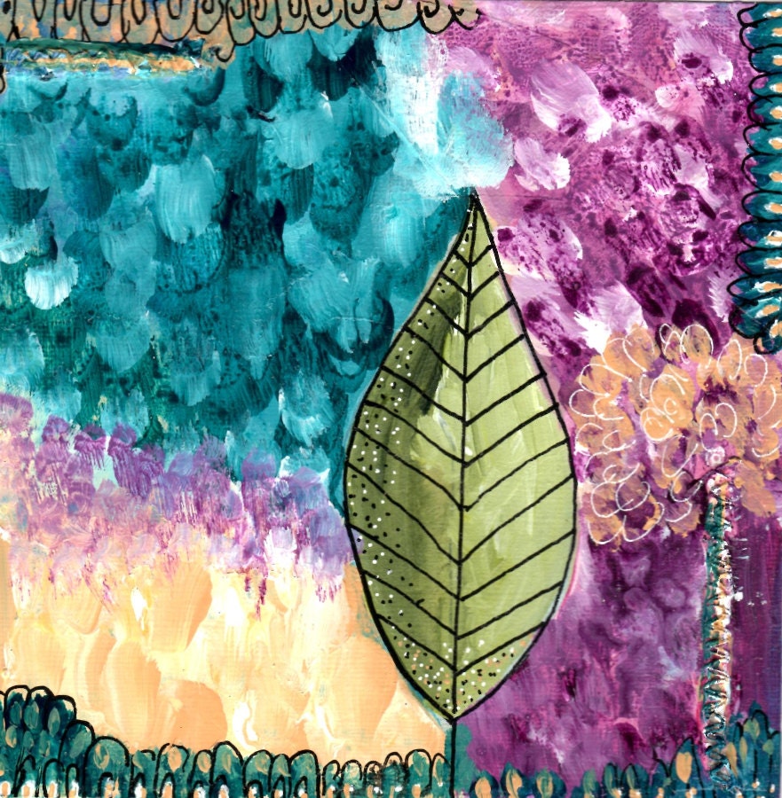 Acrylic Original Art Print 5"X7" Turquoise yellow gold purple Green