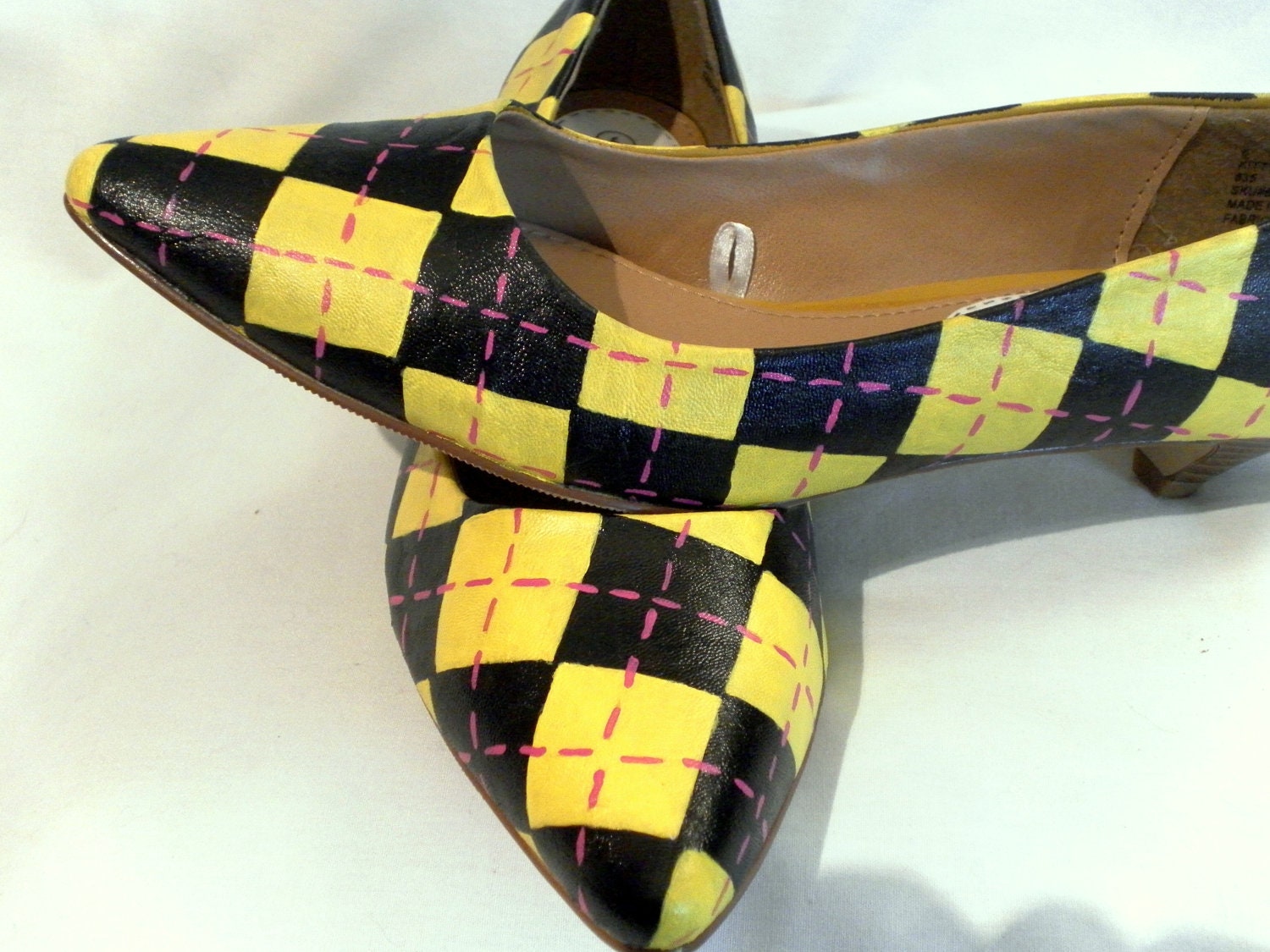 Hand Painted Yellow and Black Argyle Kitten Heel Shoes Size 6