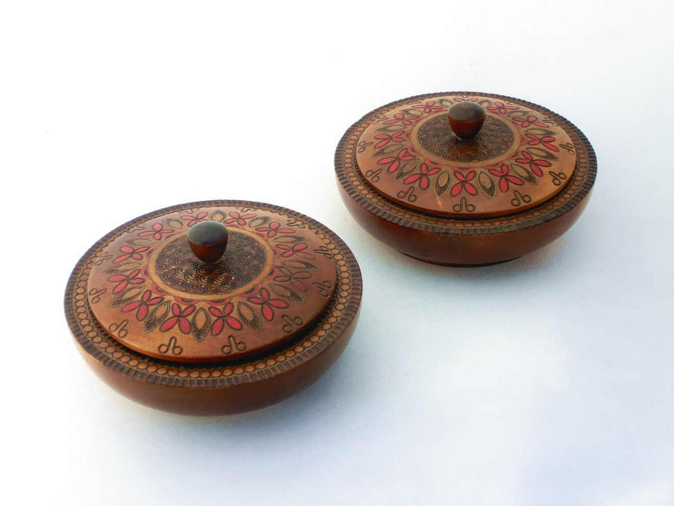 Vintage wooden boxes for jewelry in folk style 70s