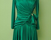 Vintage Green 1980s Formal Dress with Bow and Rhinestone Detailing