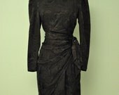 Beautiful Black Wrap Dress 1940s Rockabilly Pinup Style Repro - Classy Knee Length Long Sleeve - Wiggle Dress