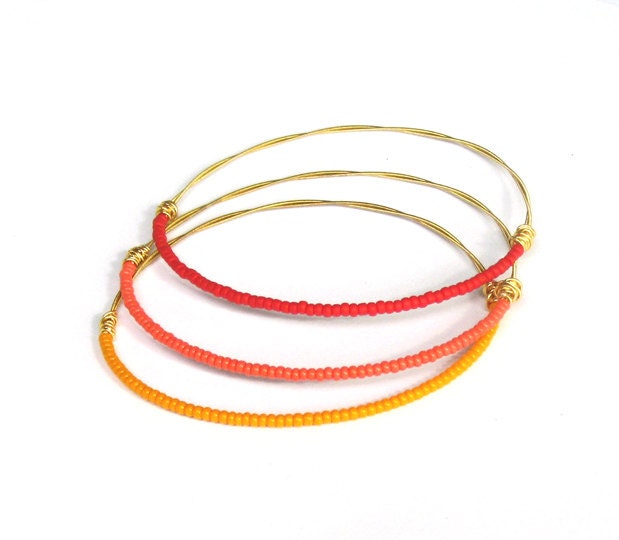 Bangle Bracelet Set // Set of 3 // Pink, Red, Orange & Gold // Recycled Jewelry // Eco-Friendly // Reclaimed Guitar Strings // Trends