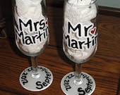Wedding Champagne Glasses - Wedding Toast - Mr and Mrs - Bride and Groom - Wedding Date - Set of Two - Wedding Gift