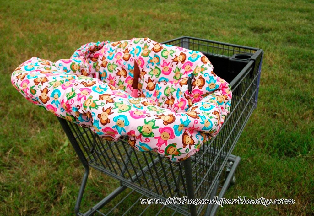 Hot Pink Shopping Cart Seat Cover with Colorful Smiling Monkeys