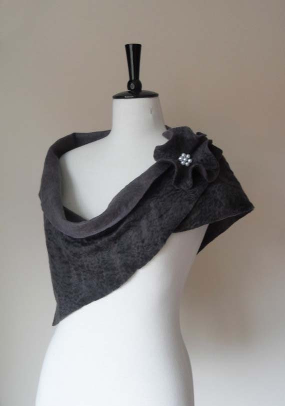 Wedding Shawl Bridal Shawl Bridal Wrap Charcoal Grey Bridal Stole Shrug Scarf Wool and Silk with brooch