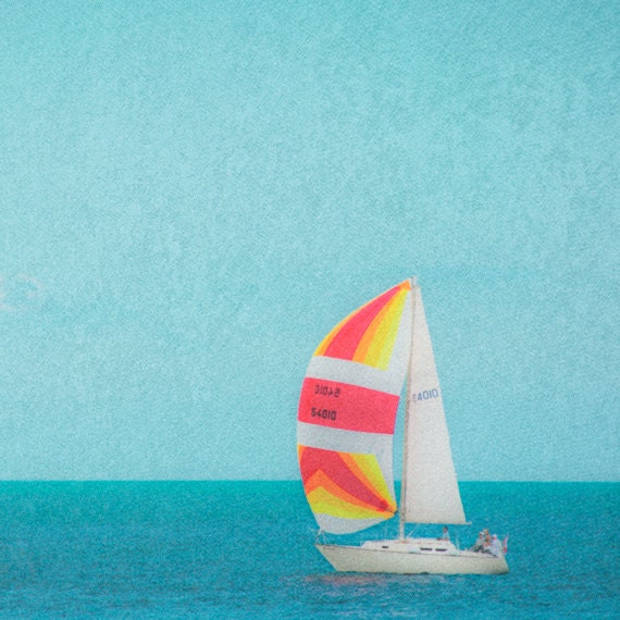 Boat Photograph 8x8, Summer Photography, Bright Blue Whimsical Print, Lake House Decor, Sailboat Picture, Aqua Nursery Decor
