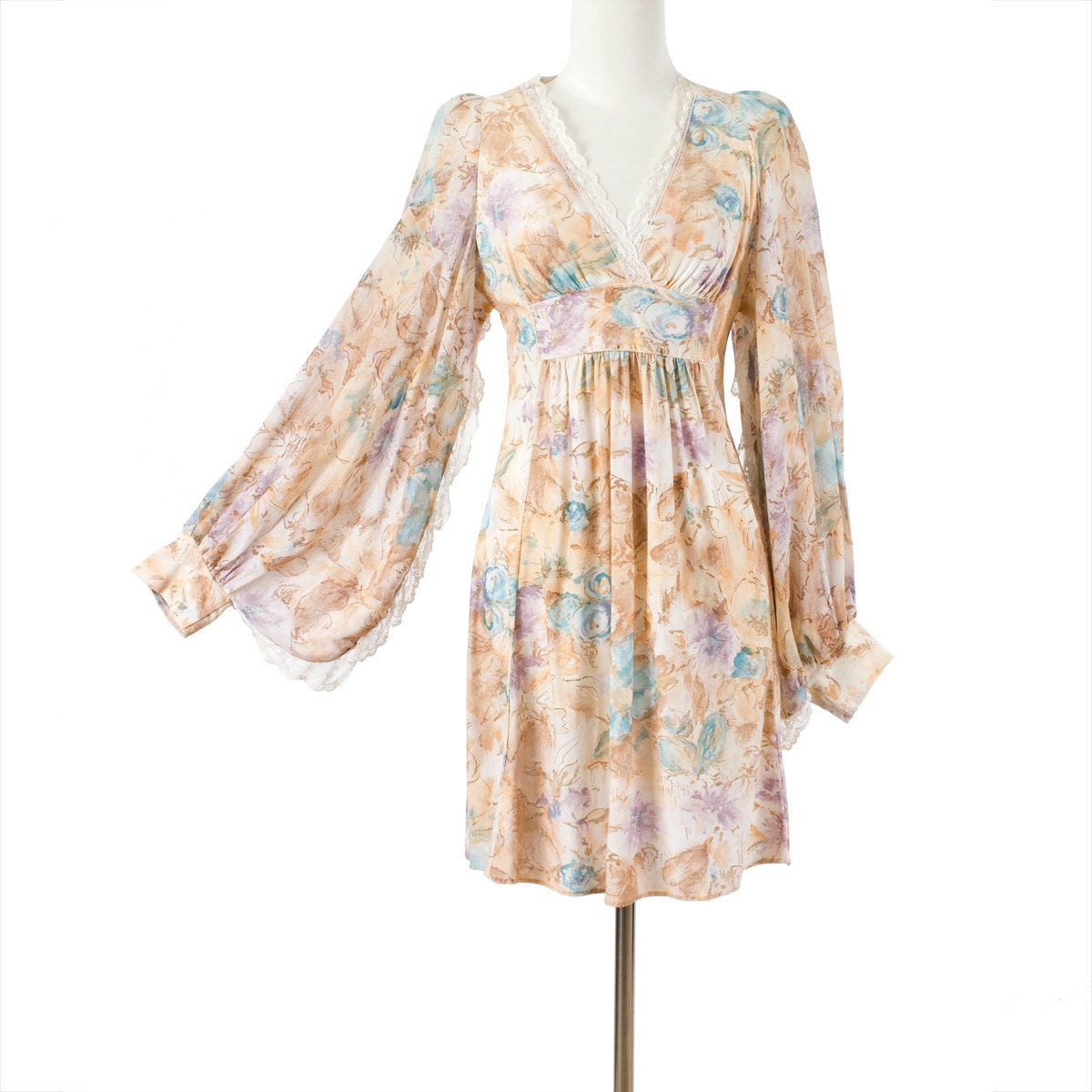 70s Hippie Boho Dress Angel Sleeve Tan Floral Print