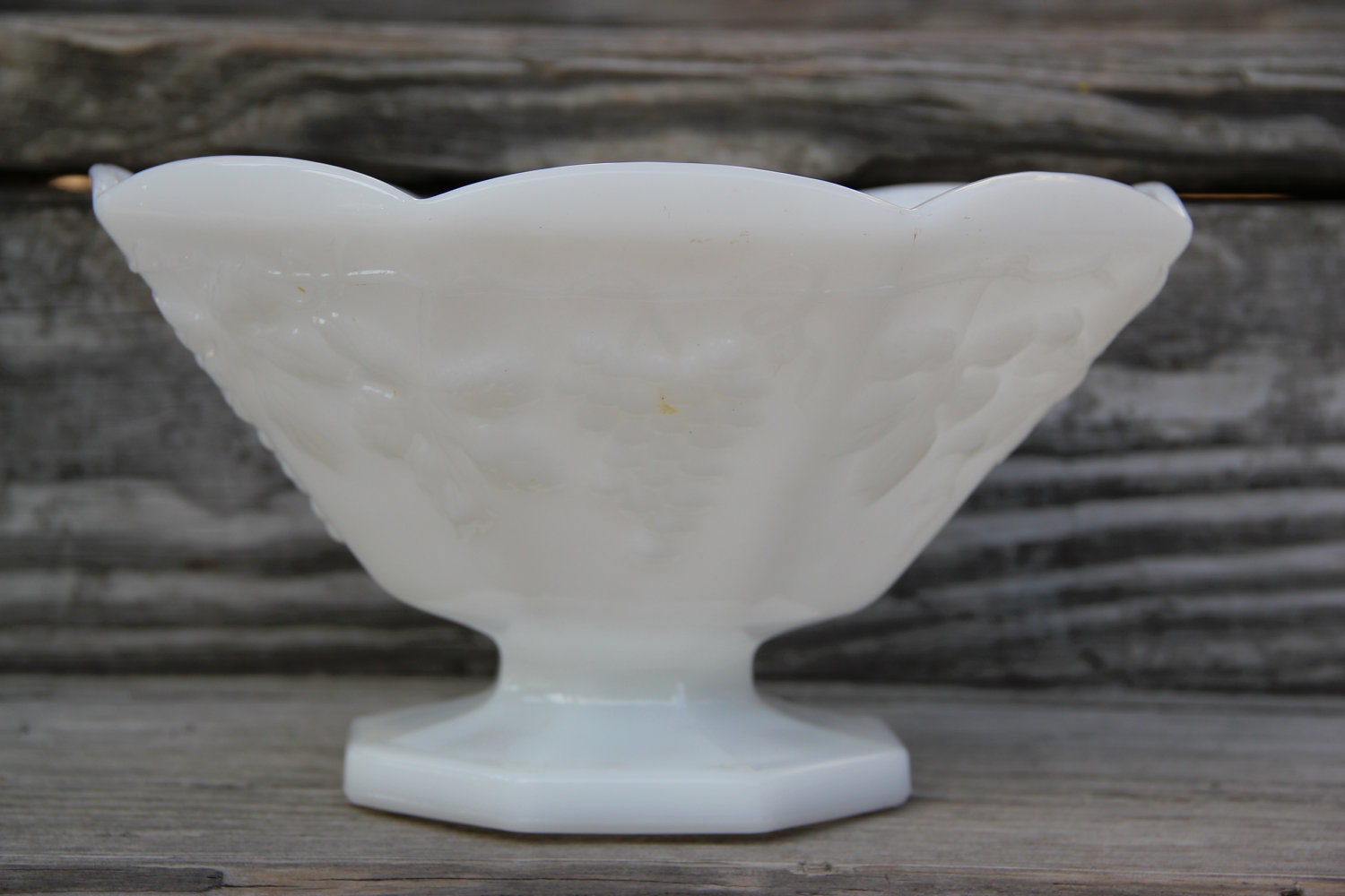 Large Grape and Leaf Pattern Anchor Hocking Milk Glass Pedestal Fruit Bowl