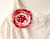 Red and White Polka Dot Fabric Brooch, Cute Pin Shabby Chic Lace Flower, Flower Broach, Cream, Polka dots, Beaded