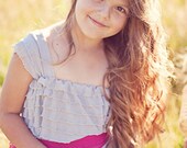Girls 5 to 14 Silver Grey Ruffle Dress with Raspberry Sash by Everything Ruffles - Wide Straps/Cap Sleeves, 1 Inch Ruffles