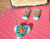 heart shaped recycled postage stamp handcrafted jewelry set, necklace, earrings, unique, quirky, ooak, handmade, polymer clay