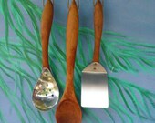 4 Pc Handmade Wooden & Stainless Steel Kitchen Utensil Set, Rustic, Hand Carved, Hammered Stainless Slotted Spoon