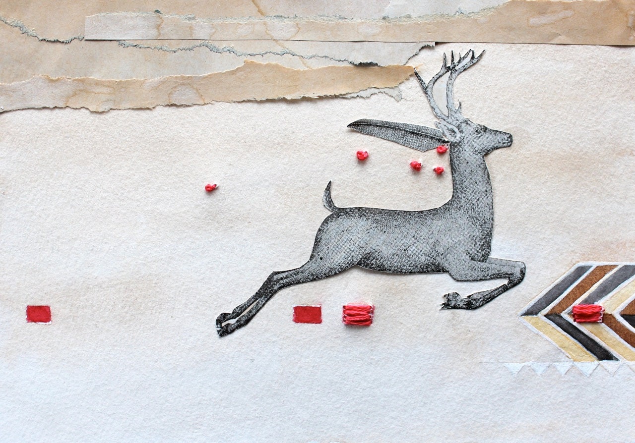 Deer Art Collage, Coral Pink Beige, Tribal Decor, 5 x 7 in. by Heather McCaw